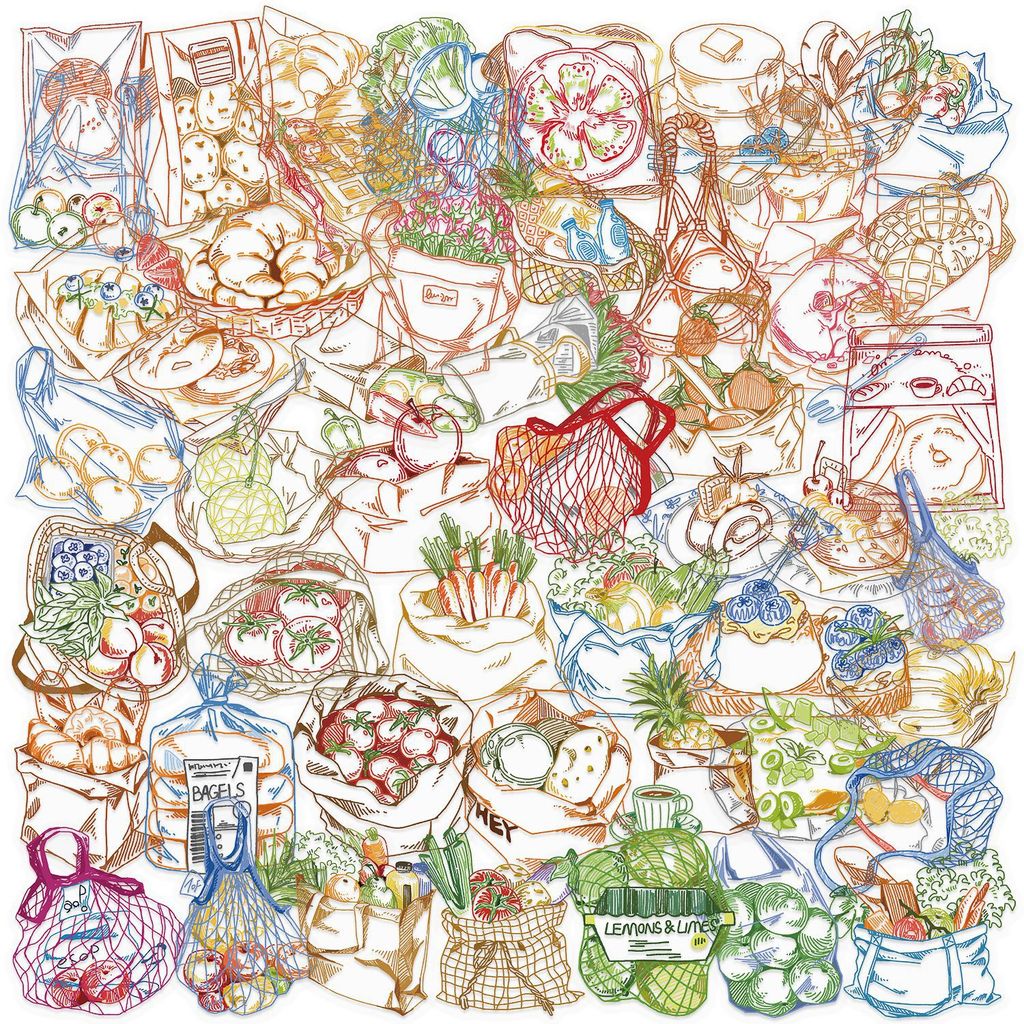 Food Snacks Drawing - 50枚入り カラーライン画 フードPET防水ステッカー ミニマリスト漫画スナック グラフィックデカール カスタムデコレーション