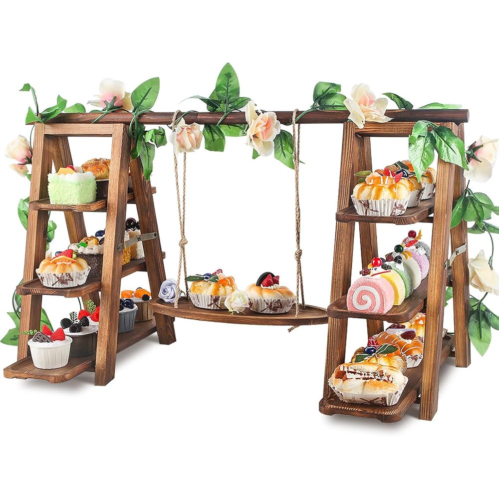 Food Snacks Party - 3段カップケーキスタンド、スイング式、下段装飾、取り外し可能なトレイ、サービングラダー、ディスプレイ、パーティーフードディスプレイセット、ケーキスナック