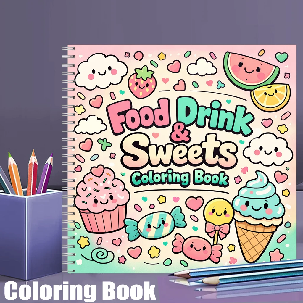 大人向け塗り絵ブック「食べ物、飲み物、甘いもの」、リラックス - Food And Snacks Coloring Book のレビューと価格